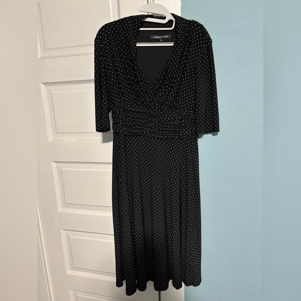 Jones Wear Dress Tiny Polka Dot ruched black and white semiformal dress